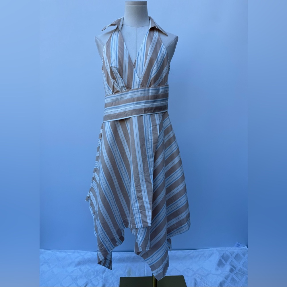 Anthropologie Maeve Asymmetrical  Wrap Shirt Dress Neutral Striped Collar SZ 6P - Picture 2 of 15